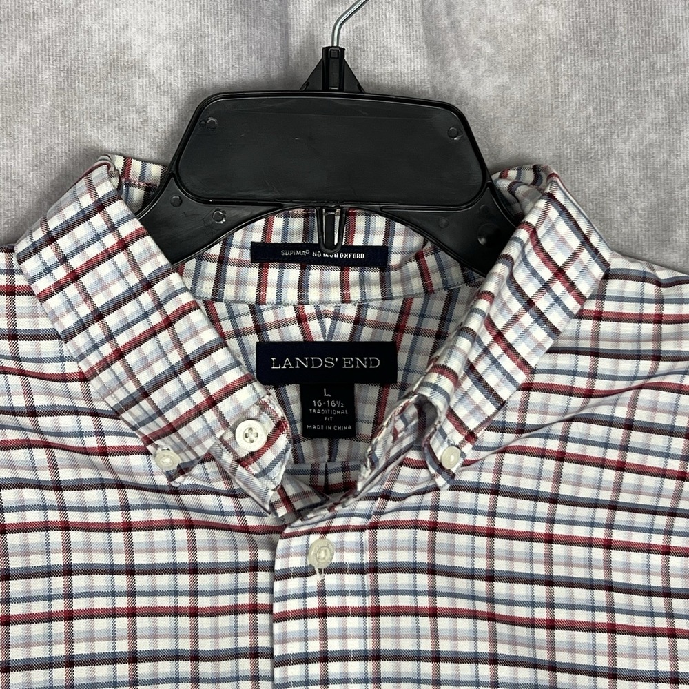Lands' End Men's Large Shirt 100% Supima Cotton No-Iron L/S white/Blue/Red Plaid